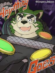  1boy animal_ears artist_name commentary_request dog_boy dog_ears english_text fangs furry furry_male goggles green_fur highres incoming_attack kongary_salmon live_a_hero male_focus mokdai_(live_a_hero) open_mouth smile superhero_costume twitter_username watermark 