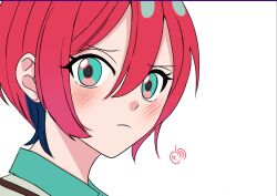  1girl amate_yuzuriha aqua_eyes aqua_shirt blush closed_mouth commentary_request earrings gundam gundam_gquuuuuux jewelry jyujyunashi long_sleeves looking_at_viewer red_hair school_uniform shirt short_hair simple_background solo sweater white_background zooming_in 