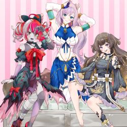  3girls anya_melfissa anya_melfissa_(1st_costume) arm_up armpits arms_up asymmetrical_bangs bandaged_arm bandages black_bow black_dress black_shoes blonde_hair blonde_streaks blue_dress blunt_bangs blunt_ends bow bowtie braid breasts brown_hair center_frills closed_mouth clothing_cutout commentary cowboy_shot detached_sleeves diamond-shaped_pupils diamond_(shape) double-parted_bangs double_bun dress earrings english_commentary feather_hair_ornament feathers foot_out_of_frame frilled_skirt frilled_sleeves frills gradient_hair green_eyes hair_bow hair_bun hair_ornament heterochromia highres hololive hololive_indonesia holoro invisible_chair jewelry kris_hair_ornament kureiji_ollie kureiji_ollie_(1st_costume) large_breasts layered_skirt long_hair long_sleeves looking_at_viewer mismatched_pupils multicolored_hair multiple_girls navel open_mouth patchwork_skin pavolia_reine pavolia_reine_(1st_costume) puffy_short_sleeves puffy_sleeves red_bow red_bowtie red_hair ribbon shoes short_sleeves side_braid single_earring sitting skin_tight skirt sleeveless sleeveless_dress small_breasts smile stitched_arm stitched_face stitched_leg stitched_torso stitches stomach_cutout streaked_hair striped_background symbol-shaped_pupils teeth thigh-highs thigh_strap torn_clothes torn_dress two-tone_hair two_side_up upper_teeth_only vertical-striped_background very_long_hair violet_eyes virtual_youtuber wavy_hair white_hair white_thighhighs wrist_ribbon x-shaped_pupils yellow_eyes zaki_zaki_zaki zombie 