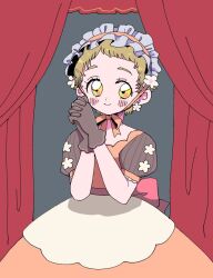  black_gloves blonde_hair blush bonnet closed_mouth cotton4014 curtains dress earrings eyelashes flower_earrings gloves jewelry neck_ribbon no_sclera orange_dress orange_ribbon original own_hands_together puffy_short_sleeves puffy_sleeves ribbon short_hair short_sleeves smile very_short_hair yellow_eyes 