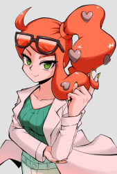  1girl adjusting_hair aqua_eyes aqua_shirt black-framed_eyewear breasts collarbone commentary_request denim eyewear_on_head hair_ornament hand_up heart heart_hair_ornament jeans kurachi_mizuki lab_coat medium_breasts orange-tinted_eyewear orange_hair pants pokemon pokemon_swsh ribbed_shirt shirt side_ponytail side_ponytail_with_hair_base smile solo sonia_(pokemon) sunglasses swept_bangs tinted_eyewear v-neck 