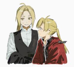  2boys ahoge black_vest blonde_hair brothers coat commentary_request conqueror_of_shambala fullmetal_alchemist haa065 long_hair long_sleeves male_focus multiple_boys red_coat shirt siblings simple_background twitter_username vest white_background white_shirt 