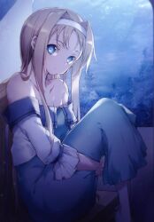  1girl alice_zuberg barefoot blonde_hair blue_eyes breasts commentary_request dress long_hair looking_at_viewer looking_to_the_side medium_breasts moonlight night sitting sword_art_online sword_art_online:_alicization tree yoru_kiri 