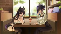  2girls absurdres asymmetrical_horns belt black_hair black_horns black_thighhighs blue_eyes blue_hair booth_seating breasts brick_wall cafe chest_strap colored_inner_hair commentary commission demon_horns dress_shirt eipanguino english_commentary fanged_bangs flower folded_ponytail food hair_intakes high-waist_skirt highres holoadvent hololive hololive_english horn_flower horns ice_cream large_breasts long_hair long_skirt long_sleeves looking_at_viewer mole multicolored_hair multiple_girls nerissa_ravencroft ouro_kronii shirt short_shorts shorts sideboob sitting skirt skyline sleeveless sleeveless_shirt sundae thigh-highs thigh_belt thigh_strap uneven_horns very_long_hair virtual_youtuber white_shirt window 