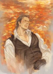 1boy arisue_kanako autumn_leaves black_hair black_vest closed_eyes commentary_request crocodile_(one_piece) earrings jewelry leaf lying male_focus mature_male on_back one_piece outdoors parted_lips pectoral_cleavage pectorals shirt solo stitched_face stitches upper_body vest white_shirt 