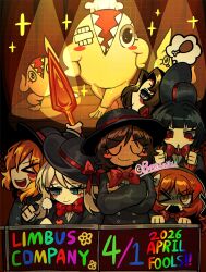  >_< >_o 6+girls absurdres aged_down april_fools beniyarou black_hair black_hat black_jacket blue_eyes bob_cut bongy_(project_moon) bow bowtie chicken_(food) closed_eyes closed_mouth commentary_request crossed_arms dated don_quixote_(project_moon) faust_(project_moon) food gauze gauze_over_eye green_eyes hat highres ishmael_(project_moon) jacket kindergarten_uniform lance limbus_company long_hair multiple_girls one_eye_closed open_mouth orange_hair outis_(project_moon) polearm project_moon red_bow red_bowtie red_eyes rodion_(project_moon) ryoshu_(project_moon) short_hair smile sparkle u_u v-shaped_eyebrows very_long_hair weapon white_hair 