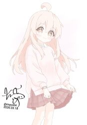  1girl ahoge blonde_hair brown_eyes chame_(myyo04) commentary_request cowboy_shot dated holding_own_skirt looking_at_viewer miniskirt onii-chan_wa_oshimai! oyama_mahiro pink_sweater plaid_clothes plaid_skirt red_skirt sidelocks signature simple_background skirt solo sweater twitter_username watch watch white_background 