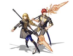  1boy 1girl black_boots black_jacket black_pants black_shirt black_skirt blonde_hair blue_pantyhose boots braid braided_ponytail breasts closed_mouth commentary_request epaulettes fire_emblem fire_emblem:_three_houses garreg_mach_monastery_uniform green_eyes highres holding holding_polearm holding_weapon ingrid_brandl_galatea jacket kashia lance_of_ruin long_hair long_sleeves luin_(fire_emblem) on_shoulder open_clothes open_jacket over_shoulder pants pantyhose parted_lips polearm red_hair scabbard sheath shirt simple_background skirt sword sylvain_jose_gautier weapon weapon_over_shoulder white_boots white_shirt zoo 
