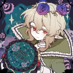  1girl birthday_cake blonde_hair brown_hair cake commentary_request cranberry_(mahoiku) elf flower food frills hair_between_eyes hair_flower hair_ornament long_sleeves magical_girl mahou_shoujo_ikusei_keikaku pointy_ears red_eyes rose short_hair sidelocks smile solo ziranjiang1 