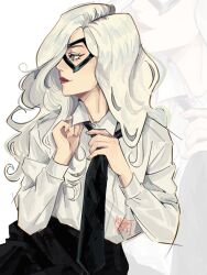 1girl adjusting_clothes adjusting_necktie artist_name black_cat_(marvel) black_eyes black_mask black_necktie black_skirt closed_mouth collared_shirt commentary domino_mask dress_shirt english_commentary eye_mask eyelashes felicia_hardy hair_over_one_eye hands_up highres lips long_hair long_sleeves looking_to_the_side marvel mask necktie one_eye_covered parted_hair profile red_lips shirt shirt_tucked_in signature skirt solo spider-man_(series) spidercvlt white_background white_hair white_shirt wing_collar zoom_layer 