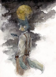  1boy absurdres beastars black_necktie brown_pants closed_mouth commentary_request full_moon furry furry_male highres legoshi long_sleeves male_focus moon necktie night outdoors painting_(medium) pants shirt solo traditional_media watercolor_(medium) white_shirt wolf_boy yamaki_kei 