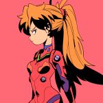  1girl bodysuit breasts cowboy_shot crasherchroma long_hair looking_at_viewer medium_breasts multicolored multicolored_bodysuit multicolored_clothes neon_genesis_evangelion orange_hair pink_background plugsuit ponytail profile red_bodysuit simple_background solo souryuu_asuka_langley 