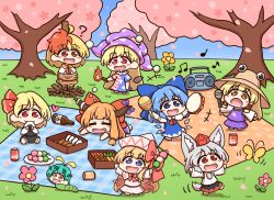  +++ 6+girls ? american_flag american_flag_dress american_flag_print animal_ears animalization ascot black_skirt black_vest blonde_hair blush_stickers bound bow bowtie brown_hat brown_horns bug butterfly can capelet caterpillar cherry_blossoms chibi chibi_only cirno closed_eyes clownpiece commentary_request dango detached_sleeves dress drink_can drooling eating fairy fairy_wings flag_print flower food grass grey_hair hair_bow hair_ribbon hat hat_bow highres holding holding_food holding_instrument holding_maracas holding_skewer holding_torch horn_ornament horn_ribbon horns ibuki_suika instrument inubashiri_momiji jester_cap lily_white long_hair long_sleeves lying maracas moriya_suwako mouth_drool multicolored_hair multiple_girls music niwatari_kutaka on_stomach oni onigiri open_mouth orange_skirt outdoors picnic picnic_blanket pink_flower plate polka_dot polka_dot_headwear purple_hat purple_skirt purple_vest red_bow red_bowtie red_eyes red_hair red_ribbon restrained ribbon rumia sanshoku_dango shirt shitacemayo singing skewer skirt skirt_set smile striped_clothes striped_dress tail tied_up_(nonsexual) tokin_hat torch touhou tree tress_ribbon two-tone_hair vest wagashi white_shirt wide_sleeves wings wolf_ears wolf_girl wolf_tail yellow_flower 
