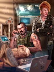  2boys arm_hair arm_tattoo artist_name ashtray bare_arms beard black_hair black_jacket black_pants blowing_smoke blurry blurry_background blurry_foreground breast_pocket brown_eyes brown_hair brown_pants caldari_state_(eve_online) camouflage camouflage_belt camouflage_vest chair cigarette coin_stack commentary computer crossed_legs cup dog_tags drinking_glass english_commentary eve_online facial_hair feet_out_of_frame fur-trimmed_jacket fur_trim gabriel_cassata glass guristas_pirates_(eve_online) highres holding holding_cigarette holding_cup indoors jacket jewelry laptop legs_on_table long_sleeves male_focus multiple_boys muscular muscular_male mustache nose official_art on_chair open_clothes open_jacket orange_eyes orange_hair pants pendant photoshop_(medium) pirate_faction_(eve_online) pocket procreate_(medium) rocks_glass safe_(container) screen shirt short_hair sitting skull_tattoo sleeveless smoke smoking standing table tattoo tumbler_glass very_short_hair watch watch white_shirt 