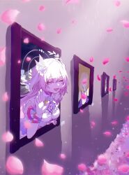  1girl breasts bridal_veil commentary cyrene_(demiurge)_(honkai:_star_rail) cyrene_(honkai:_star_rail) cyrene_(philia093)_(honkai:_star_rail) diamond-shaped_pupils diamond_(shape) dress falling_petals flower hair_flower hair_ornament halo highres honkai:_star_rail honkai_(series) long_hair looking_at_viewer medium_breasts mem_(honkai:_star_rail) painting_(object) petals picture_frame pink_hair pink_petals solo symbol-shaped_pupils takohage_59 untranslatable_commentary veil very_long_hair violet_eyes white_dress 