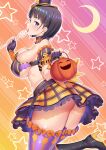  1girl aqua_eyes ass bare_shoulders basket black_hair bra breasts candy fingerless_gloves food frilled_legwear gloves halloween halloween_costume hat high_heels highres kawase_seiki kirigaya_suguha large_breasts licking lollipop open_mouth pumpkin short_hair sideboob solo sword_art_online thigh-highs tongue tongue_out top_hat under_boob underwear weapon 