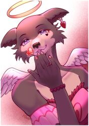  alternate_costume angel_wings animal_ear_piercing bare_shoulders beastars blowing_kiss bracelet collarbone commentary detached_sleeves dress english_commentary fake_wings feathered_wings furry furry_female halo hand_up highres jewelry juno_(beastars) looking_at_viewer myoniis parted_lips pink_background pink_dress pink_nails short_sleeves solo upper_body violet_eyes wings wolf wolf_girl 