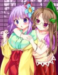  2girls :3 arm_up bangle bangs blue_eyes blush bracelet brown_hair collarbone commentary_request cowboy_shot eyebrows_visible_through_hair flower futatsuiwa_mamizou futatsuiwa_mamizou_(human) glasses hair_flower hair_ornament hakama_skirt head_tilt hieda_no_akyuu highres hug hug_from_behind interlocked_fingers japanese_clothes jewelry kimono leaf_hair_ornament leaf_hat long_hair looking_at_another looking_at_viewer multiple_girls natane_tsuyu off-shoulder_shirt off_shoulder own_hands_together pink_shirt purple_hair red_eyes red_skirt semi-rimless_eyewear shawl shirt shouji skirt sliding_doors standing touhou under-rim_eyewear very_long_hair window 