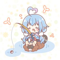  1girl :d =_= ahoge bibarel blue_hair blue_kimono blush_stickers chibi choko_(cup) closed_eyes commentary_request cup drooling fishing_line fishing_rod floral_background floral_print gradient_hair hair_ornament hairclip heart heart_ahoge highres holding holding_fishing_rod hololive japanese_clothes kimono long_hair long_sleeves low_twintails mitarashi_neko mouth_drool multicolored_hair pink_hair pointy_ears poke_ball poke_ball_(basic) pokemon pokemon_(creature) print_kimono ripples smile streaked_hair sweat tokkuri twintails very_long_hair virtual_youtuber water wide_sleeves yukihana_lamy yukihana_lamy_(new_year) 