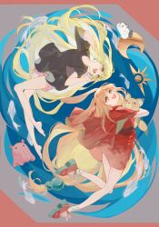  2girls absurdres ahoge animal_ears bare_legs barefoot black_shirt blonde_hair chinese_commentary cho_kaguya-hime! commentary_request crescent crescent_hair_ornament dajvpaixiaojv full_body green_eyes green_shoes hair_ornament highres hugging_object japanese_clothes kaguya_(cho_kaguya-hime!) kimono long_hair looking_at_another multicolored_shoes multiple_girls obi open_mouth pink_shorts rabbit_ears red_kimono red_rope red_shoes rope sash shirt shoes shorts socks two-tone_shoes upper_body white_socks 