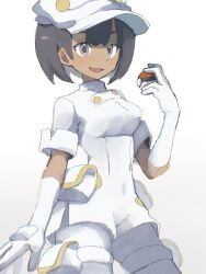  1girl :d aether_foundation_employee black_hair breasts cowboy_shot dark-skinned_female dark_skin elbow_gloves gloves grey_eyes hat highres holding holding_poke_ball jumpsuit looking_at_viewer magainu open_mouth poke_ball poke_ball_(basic) pokemon pokemon_sm short_hair smile solo white_background white_gloves white_hat white_jumpsuit 