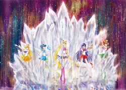  5girls absurdly_long_hair aino_minako ankle_strap artist_name back_bow bishoujo_senshi_sailor_moon bishoujo_senshi_sailor_moon_s bishoujo_senshi_sailor_moon_supers blonde_hair blue_bow blue_choker blue_eyes blue_sailor_collar blue_skirt boots bow brooch brown_hair choker closed_mouth crescent crescent_choker crescent_moon crescent_wand crystal double_bun earrings elbow_gloves electricity electrokinesis fire gloves green_boots green_choker green_eyes green_sailor_collar green_skirt hair_bobbles hair_bun hair_ornament hand_on_own_hip heart heart_brooch heroes'_gallery high_heels high_ponytail highres hino_rei holding holding_staff hydrokinesis inner_senshi jewelry kino_makoto long_hair looking_at_viewer magic magical_girl mizuno_ami moon multicolored_skirt multiple_girls official_art ofuda open_mouth orange_choker orange_sailor_collar orange_shoes orange_skirt parted_lips pink_boots pink_bow pleated_skirt ponytail pumps purple_bow purple_hair pyrokinesis red_choker red_sailor_collar red_shoes red_skirt sailor_collar sailor_jupiter sailor_mars sailor_mercury sailor_moon sailor_senshi sailor_senshi_uniform sailor_venus shoes short_hair skirt staff super_sailor_jupiter super_sailor_mars super_sailor_mercury super_sailor_moon super_sailor_venus takeuchi_naoko tsukino_usagi twintails venus_love_me_chain very_long_hair violet_eyes water white_gloves white_skirt yellow_bow yellow_skirt 