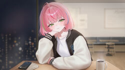  1girl absurdres ahoge arm_on_table blue_streaks blush cafe cellphone cityscape closed_mouth coffee coffee_mug collarbone cup dot_nose elbow_on_table green_eyes green_streaks hair_intakes half-closed_eyes hanako_nana hand_on_own_cheek hand_on_own_face head_on_hand highres indoors jacket letterman_jacket looking_at_viewer medium_hair mug multicolored_hair mumu_muw night open_clothes open_jacket phone pink_hair raised_inner_eyebrows red_streaks shirt smartphone solo stellive streaked_hair variant_set virtual_youtuber wavy_mouth white_shirt 
