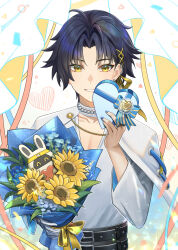  1boy asaba_harumasa bangboo_(zenless_zone_zero) belt black_hair blue_nails bouquet cape chain choker earrings flower gift highres holding holding_bouquet holding_gift jewelry kuro_tsubasa looking_at_viewer multiple_rings nail_polish pearl_choker ring shirt short_hair smile white_choker white_shirt yellow_eyes zenless_zone_zero 