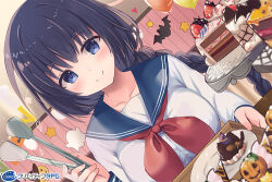  1girl black_hair blue_eyes blue_sailor_collar blush braid braided_ponytail breasts character_request collarbone commentary_request creativerpg dutch_angle holding huge_breasts long_hair long_sleeves looking_at_food official_art oslo sailor_collar sailor_shirt shirt smile solo tougo upper_body white_shirt 