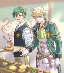  2boys :d :o andoupcw blonde_hair blue_eyes bread coat double-parted_bangs doughnut eiyuu_densetsu folded_collar food glasses gloves green_eyes green_hair green_necktie hair_between_eyes high_collar holding holding_tongs holding_tray indoors jusis_albarea long_sleeves machias_regnitz male_focus multiple_boys necktie open_clothes open_coat open_mouth parted_bangs pointing sen_no_kiseki_(series) shirt short_hair sleeveless sleeveless_sweater smile sweater tongs tray twitter_username upper_body white_gloves white_shirt 