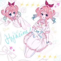  ! 1girl aqua_hair character_name chibi commentary drill_hair gradient_hair green_eyes hairband heart highres honkai:_star_rail honkai_(series) hyacine_(honkai:_star_rail) hyacine_(sweet_slumber)_(honkai:_star_rail) little_ica_(honkai:_star_rail) long_hair looking_at_viewer multicolored_hair multiple_views nightgown official_alternate_costume onppu open_mouth pink_hair short_sleeves single_hair_intake sitting spoken_exclamation_mark spoken_heart star_(symbol) star_in_eye symbol_in_eye twin_drills twintails untranslatable_commentary white_background white_hairband white_nightgown wristband zoom_layer 