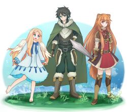  1boy 2girls :d animal_ear_fluff animal_ears armor barefoot belt bird_girl bird_wings black_belt black_dress black_hair black_shirt blonde_hair blue_background blue_bow blue_dress blue_eyes blunt_bangs boots bow brown_armor brown_belt brown_boots brown_gloves brown_shirt chest_bow chest_guard cloak collared_dress collared_shirt commentary commission dress elbow_gloves english_commentary feathered_wings filo_(tate_no_yuusha_no_nariagari) fingerless_gloves frilled_dress frilled_sleeves frills frown fur-trimmed_armor fur-trimmed_collar fur-trimmed_gloves fur_trim gloves grass green_cloak green_pants grey_armor hair_between_eyes hand_on_own_hip high_collar highres holding holding_sword holding_weapon iwatani_naofumi knee_boots leather leather_armor leather_belt leather_boots leather_shirt leg_up long_hair long_sleeves looking_at_another looking_at_viewer medium_dress messy_hair metal_arm_cuffs metal_wrist_cuffs multiple_belts multiple_girls neck_ribbon on_ground open_collar orange_hair pants parted_bangs pinstripe_dress pinstripe_pattern raccoon_ears raccoon_girl raccoon_tail raphtalia red_dress red_eyes red_ribbon rei_(reileky) ribbon shirt shirt_belt short_dress short_hair short_sleeves sleeveless sleeveless_dress smile standing standing_on_one_leg straight_hair sword tail tassets tate_no_yuusha_no_nariagari thigh_boots transparent_background two-tone_dress weapon white_dress white_trim white_wings wings yellow_trim zettai_ryouiki 