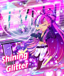 1girl belt boots bow-shaped_hair character_name cookie_run cookie_run:_ovenbreak cropped_jacket eyelashes female glitter glitter_in_hair headset heart holding holding_microphone lips long_hair microphone multicolored_hair one_eye_closed one_leg_raised pants peace_symbol pink_hair producer_mic shining_glitter_cookie spotlight white_pants