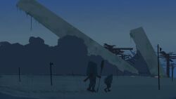  1boy 1girl absurdres blue_sky boots character_backpack commentary_request evening highres kani_etizen03 leaning_forward original pole ruins scenery sky wasteland 