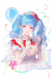  1girl absurdres arm_warmers balloon balloon_animal bead_bracelet beads beret bib_collar blue_dress blue_hair blue_hat bow bowtie bracelet brooch closed_mouth cloud_daydreams_(infinity_nikki) clouds cropped_torso dress drill_hair expressionless eyelashes eyes_visible_through_hair finger_to_own_chin frilled_vest frills gloves hair_bow hat heart heart_of_string highres infinity_nikki jewelry light_frown lipstick long_hair makeup multiple_bracelets nikki_(series) nostrils pink_dress pink_eyes pink_hat pink_lips procreate_(medium) puffy_short_sleeves puffy_sleeves red_bow red_bowtie ringlets short_sleeves sidelocks simple_background solo streamers striped_clothes striped_dress tiansheng_lizhi_ci_wawa twin_drills twintails two-tone_dress two-tone_headwear vertical-striped_clothes vertical-striped_dress vest white_arm_warmers white_background white_gloves white_vest 