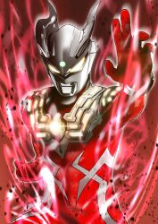  1boy alien arm_up armor aura chest_guard clenched_hand collarbone color_timer colored_skin commentary curled_fingers debris eye_slugger fighting_stance forehead_jewel gem giant giant_male glint glowing glowing_armor glowing_eyes green_gem kouta_decade looking_at_viewer male_focus multicolored_skin no_pupils outstretched_hand pectorals powering_up red_aura red_background red_skin red_theme shoulder_armor signature silver_skin solo tokusatsu toned toned_male two-tone_skin ultra_bracelet_(ultraman_zero) ultra_galaxy_(series) ultra_galaxy_fight:_the_destined_crossroad ultra_series ultraman_zero ultraman_zero_wildburst upper_body white_background wrinkled_skin yellow_eyes 