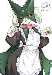  1girl :3 absurdres animal_hands animal_nose apron artist_name black_dress body_fur breasts cat_girl closed_mouth commentary cowboy_shot dress fangs frilled_apron frills furry furry_female green_fur green_hair half-closed_eye hands_up happy highres long_dress long_sleeves looking_at_viewer maid maid_apron meowing meowscarada nephrite_(nephrite_fur) one_eye_closed paw_pose pawpads pokemon pokemon_(creature) red_eyes short_hair skin_fangs small_breasts smile solo sparkle speech_bubble standing tongue tongue_out watermark white_apron 