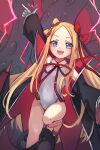  1girl abigail_williams_(fate/grand_order) arm_up bangs bb_(fate)_(all) bb_(swimsuit_mooncancer)_(fate) black_coat blonde_hair blue_eyes blush bow breasts coat cosplay covered_navel fate/grand_order fate_(series) forehead gloves hair_bow hair_ribbon high_heels highleg highleg_leotard highres leotard long_hair looking_at_viewer miya_(miyaruta) multiple_bows neck_ribbon open_clothes open_coat open_mouth orange_bow parted_bangs popped_collar red_footwear red_ribbon ribbon sidelocks small_breasts smile tentacles thighs white_gloves white_leotard 