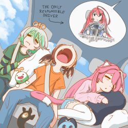  4girls absurdres ahoge animal_ears car_interior cecilia_immergreen chattino_(raora_panthera) denim denim_shorts driving dutch_angle elizabeth_rose_bloodflame english_commentary english_text fang from_below gigi_murin grave_robin green_hair green_shirt grem_(gigi_murin) highres hololive hololive_english long_hair multicolored_hair multiple_girls orange_hair orange_shirt otomo_(cecilia_immergreen) panther_ears panther_girl panther_tail pink_hair pink_sweater raora_panthera shirt short_hair shorts sick sky sleeping snoring speech_bubble spoken_character steering_wheel streaked_hair sweater tail twintails virtual_youtuber wavy_mouth winding_key 
