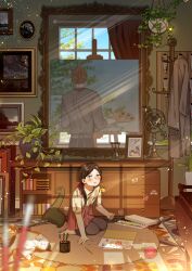  150loc 1boy 1girl absurdres animal armillary_sphere barefoot blush book brown_eyes brown_hair cat child commentary_request day easel english_commentary grey_pants hanging_plant highres holding holding_marker hourglass indoors looking_at_viewer marker mirror mixed-language_commentary notebook on_floor original paint_palette painting_(object) pants pants_under_skirt parted_lips pen pet photo_(object) picture_frame pink_skirt plant pleated_skirt polka_dot polka_dot_shirt potted_plant reflection rug shirt sitting skirt sleeping_animal slice_of_life solo_focus stuffed_dinosaur thai_commentary unworn_clothes window_shadow yellow_shirt 