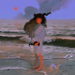  1girl azigashimitoru barefoot black_hair broken_horn colored_skin dress full_body highres holding_own_horn horizon horns long_hair long_sleeves looking_at_viewer original outdoors red_skin red_sun smoke solo standing water waves 