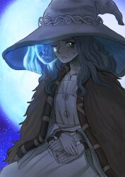  blue_eyes blue_hair blue_skin brown_cloak cape cloak closed_mouth colored_skin commentary cracked_skin dress elden_ring english_commentary extra_arms extra_faces full_moon fur_cape fur_cloak glowing glowing_tattoo hat highres long_hair looking_at_viewer moon night one_eye_closed own_hands_together pokoro ranni_the_witch solo tattoo white_dress witch witch_hat 