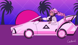 1girl alternate_costume bow-shaped_hair braid braided_ponytail car caramelcoconuts cookie_run cookie_run:_ovenbreak crop_top driving female glitter glitter_in_hair hair_blowing headset jacket long_hair multicolored_hair official_alternate_costume open_jacket pink_hair shining_glitter_cookie shining_glitter_cookie_(superstar_airport_attire) smile sunglasses supercar
