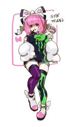  1girl bad_id bad_twitter_id bow breasts collared_shirt drill_hair drill_sidelocks dynamax_band eyeliner eyeshadow flipped_hair fur_jacket hair_bow hairband highres jacket klara_(pokemon) makeup medium_breasts mole mole_under_mouth multicolored_thighhighs pink_eyeliner pink_eyeshadow pink_hair pink_lips pkpkmnmn228 pokemon pokemon_swsh print_shirt print_shorts shirt short_hair shorts side_slit side_slit_shorts sidelocks smile solo two-tone_shirt two-tone_shorts two-tone_thighhighs violet_eyes white_bow white_hairband 