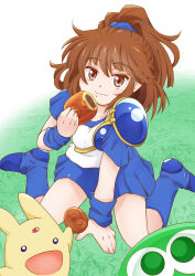  1girl 2others arle_nadja armor between_legs blue_armor blue_boots blue_scrunchie blue_skirt blue_sleeves blue_wrist_cuffs boots breastplate brown_eyes brown_hair carbuncle_(puyopuyo) character-themed_food check_commentary check_food closed_mouth commentary_request eating food food_on_face food_request forehead_jewel gold_trim grass green_background hand_between_legs high_ponytail highres holding holding_food looking_at_viewer medium_hair multiple_others open_mouth pleated_skirt ponytail puyo_(puyopuyo) puyopuyo scrunchie shirt short_sleeves shoulder_armor sitting skirt smile soumanantoka steamed_bun two-tone_shirt wariza white_background white_shirt wrist_cuffs 