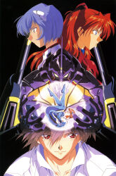  2boys 2girls absurdres ayanami_rei bad_source blue_eyes blue_hair bodysuit brown_hair closed_mouth eva_01 expressionless gloves grey_hair hair_between_eyes hair_ornament highres ikari_shinji interface_headset_(evangelion) mecha mecha_pilot_suit multiple_boys multiple_girls nagisa_kaworu neon_genesis_evangelion official_art plugsuit_(evangelion) red_bodysuit red_eyes robot short_hair souryuu_asuka_langley white_bodysuit yokota_mamoru 