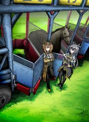  2girls animal_ears black_boots black_dress black_gloves black_hair black_pants black_pantyhose boots bridle brown_hair coat commentary creature_and_personification crossed_arms dress ear_covers english_commentary gloves goggles goggles_around_neck gradient_hair grass green_eyes hair_between_eyes hand_on_own_hip hans_(pixiv_37537768) highres horse horse_ears horse_girl horse_tail kin'iro_ryotei_(umamusume) long_hair looking_at_viewer low_ponytail multicolored_hair multiple_girls pants pantyhose personification ponytail real_life shirt signature starting_gate stay_gold_(racehorse) stay_gold_(umamusume) tail torn_clothes torn_coat umamusume white_hair white_shirt yellow_coat yellow_eyes 