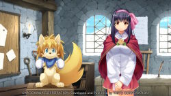  1boy 1girl ahoge animal_ears animal_nose atelier-moo black_hair blonde_hair blue_eyes blue_scarf body_fur breasts brown_eyes brown_fur candle clenched_hands closed_mouth collared_shirt cowboy_shot creature day dog_ears dog_tail flower game_cg gloves hair_between_eyes hair_ribbon indoors large_breasts leaf long_hair long_shirt long_sidelocks long_sleeves looking_at_viewer miniskirt non-web_source official_art own_hands_together pink_ribbon pink_skirt pleated_skirt red_shawl ribbon rose scarf shawl sheela_sheffield_(revival) shirt sidelocks skirt smile solo standing stone_wall tail tareme teddy_(yuukyuu_gensoukyoku) thick_eyebrows thighs very_long_hair white_gloves white_shirt window wooden_box yellow_flower yellow_rose yuukyuu_gensoukyoku yuukyuu_gensoukyoku_revival 