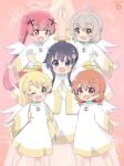  5girls :d angel angel_wings aosora_neko bangs black_hair blonde_hair blue_eyes braid brown_hair fake_halo feathers flower green_eyes hair_flower hair_ornament heaven highres himesaka_noa hoshino_hinata konomori_kanon long_hair multiple_girls open_mouth pose red_eyes redhead ribbon robe shirosaki_hana short_hair skirt smile tanemura_koyori twin_braids twintails watashi_ni_tenshi_ga_maiorita! wings yellow_eyes 