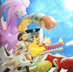  1girl black_hair black_pantyhose black_sclera blue_eyes blue_sky building closed_mouth collared_shirt colored_sclera commentary_request dark-skinned_female dark_skin day dudunsparce dudunsparce_(three-segment) eyelashes fire fire_bird_(skeledirge) freckles goodra green_eyes green_hair highres igaragi long_hair lycanroc lycanroc_(midday) multicolored_hair naranja_academy_school_uniform necktie nemona_(pokemon) open_mouth orange_eyes orange_necktie orange_shorts orthworm outdoors pantyhose pawmot pokemon pokemon_(creature) pokemon_sv pokemon_team ponytail school_uniform shirt short_sleeves shorts skeledirge sky slime_(substance) smile string_of_flags two-tone_hair white_shirt yellow_eyes 